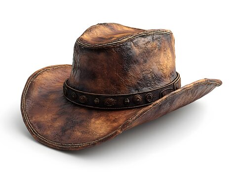 Rustic Brown Leather Cowboy Hat with Detailed Stitching and Studded Band