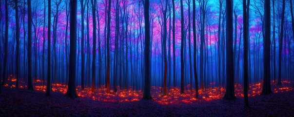 Glow forest idea. A mystical forest illuminated by vibrant colors and enchanting light patterns at night.