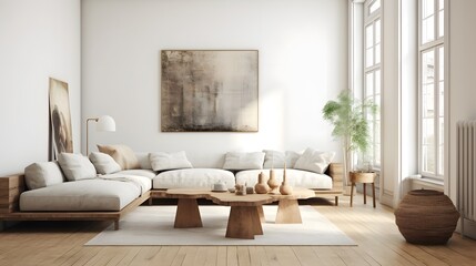 Fototapeta premium Minimalist Scandinavian Inspired Home Decor with Warm Wooden Accents and Abundant Natural Lighting Creating a Serene and Calming Ambiance