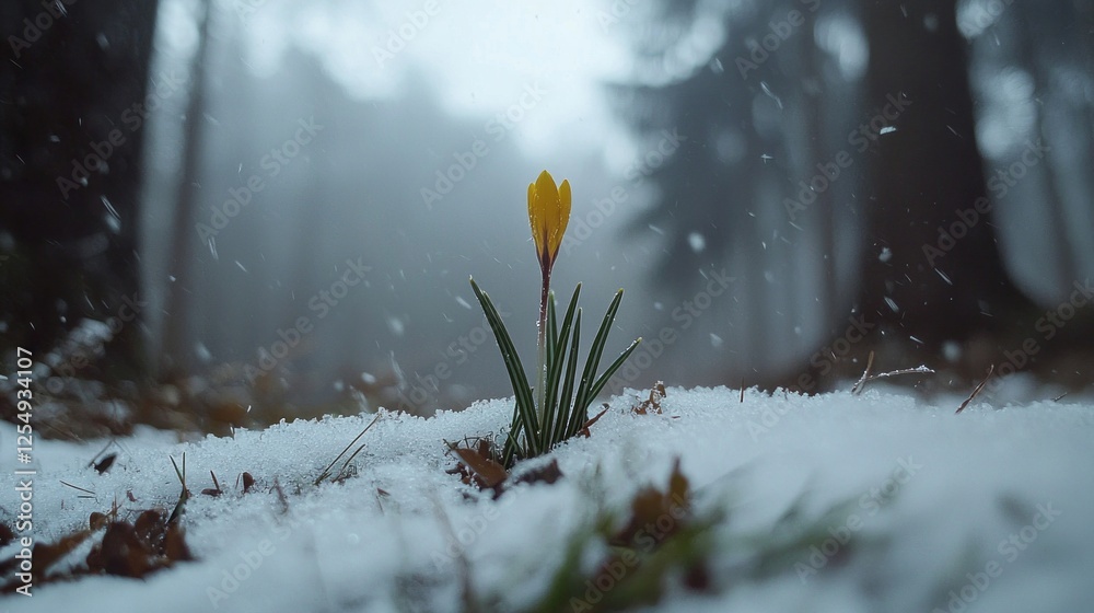 Aufkleber a vibrant yellow crocus bravely emerges from a blanket of snow in a serene forest, surrounded by tal
