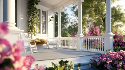Fototapeta premium Charming countryside porch with lush flowers and white rocking chair