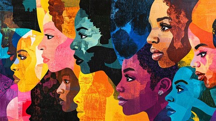 Obraz premium A vibrant, colorful mural showcasing diverse women of African descent, highlighting their beauty and strength.