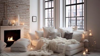 Fototapeta premium Inviting and serene minimalist studio apartment featuring soft textiles warm lighting and a contemporary comfortable design for a relaxing living space