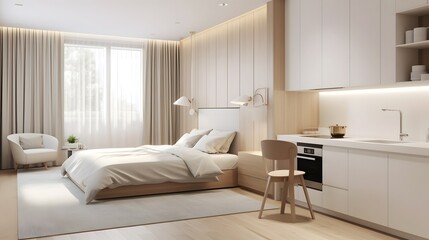 Cozy and Inviting Minimalist Studio Apartment Featuring Soft Textiles Warm Lighting and a Serene Elegant Ambiance