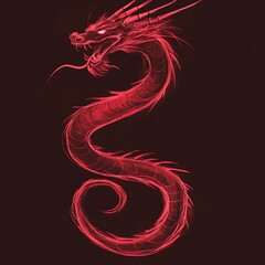 Naklejka premium Crimson Eastern Dragon Serpentine Form Coiled in Mystical Darkness Red Silhouette Mythical Serpent
