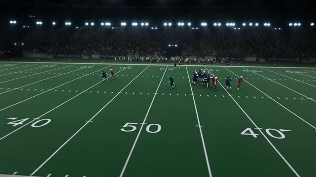 Aerial Footage of Two Diverse Athletic Teams Take Their Positions at the Start of Championship Game in a Crowded Stadium with Sport Fans. Ball is Snapped and Players Fight for the Pigskin Ball