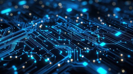 Electronics circuitry and blue lighting create a striking visual pattern in digital technology, highlighting intricate designs during night-time productivity