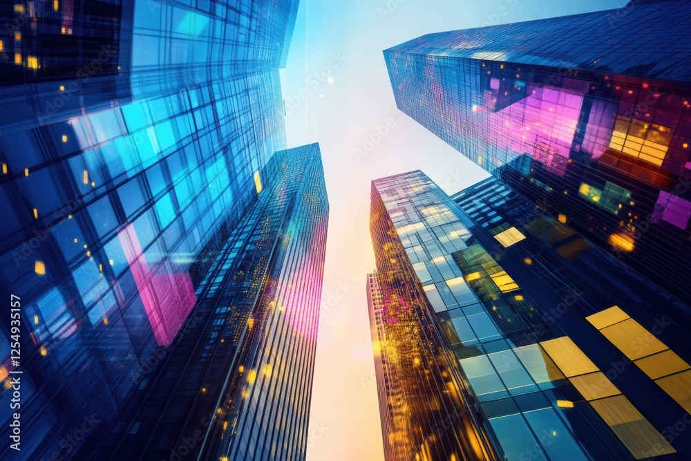 Leinwandbilder futuristic cityscape with towering skyscrapers illuminated by colorful lights during twilight hours.