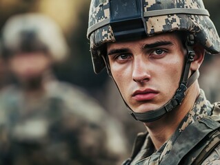 Soldier in camouflage uniform, standing at attention with a determined expression in a training camp