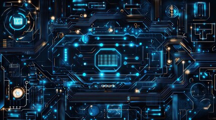 Fototapeta premium Intricate blue and black circuit board design showcasing advanced technology with glowing elements and patterns in a digital environment