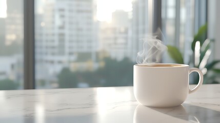 A steaming cup of coffee rests on a table in a modern city setting, offering a sense of calm and focus.