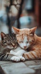Two cats sleeping peacefully together in a cozy embrace on a soft surface