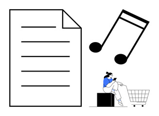 Large paper sheet with lines, black musical note, woman sitting near shopping cart and using a smartphone. Ideal for e-commerce, digital lifestyle, shopping experience, relaxation, music streaming