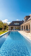 Fototapeta premium Luxurious modern home with a crystal clear pool surrounded by a serene garden on a sunny day