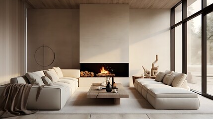 Fototapeta premium Cozy and Minimalist Living Space Featuring Textured Walls Neutral Color Palette and Refined Furniture Arrangement