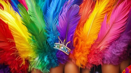 Close-up of vibrant feathers in a rainbow of colors, adorned with a sparkling crown, showcasing a festive and celebratory spirit.
