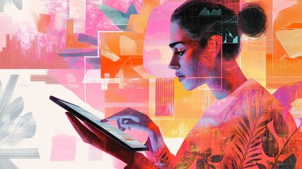 Woman using tablet analyzing data charts digital technology. AI generated