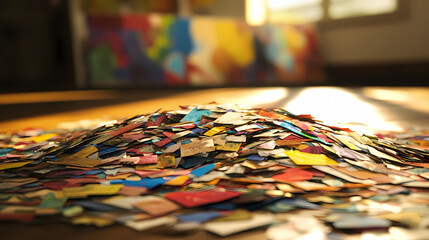 Fototapeta premium Colorful Paper Scraps on Wooden Floor Under Sunlight