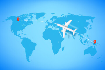 Air travel concept. Aircraft on world map with pins. 3d vector illustration