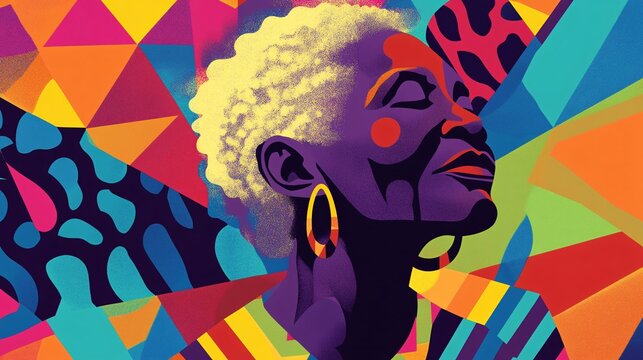 A joyful Black woman with vibrant, colorful artwork surrounding her, radiating positivity and confidence.