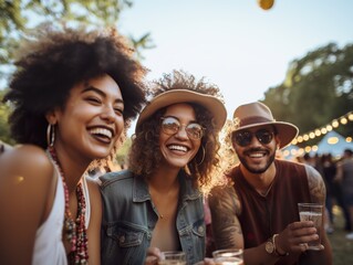 Diversity Friends enjoying party having fun at vineyard place during sunset at open air picnic.good time during a party