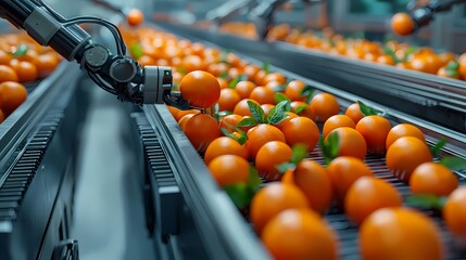 A robotic arm sorts and handles vibrant oranges on a conveyor belt in a modern agricultural facility.