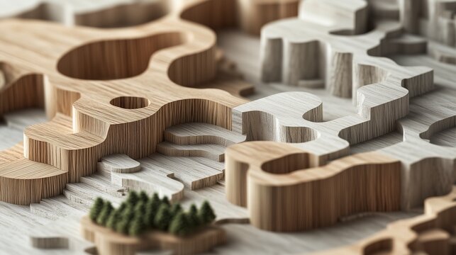 Wooden 3D topography model layered wood texture. AI generated