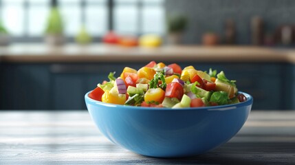 A vibrant, fresh salad in a blue bowl, featuring colorful vegetables like bell peppers, cucumbers, and leafy greens.