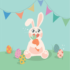 Easter bunny on a blue background with Easter eggs