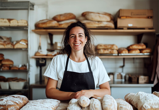 Smiling female baker holding fresh pastry in a cozy bakery, artisanal bread and local craftsmanship
