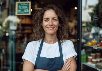 Obraz premium Confident female small business owner standing proudly in her café, arms crossed, successful entrepreneurship and leadership 