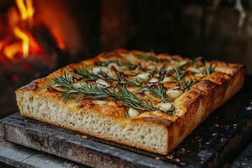 Rustic Focaccia Bread with Roasted Garlic and Rosemary Baked in a Wood Fired Oven
