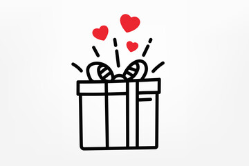 Gift box with red hearts. Vector doodle illustration