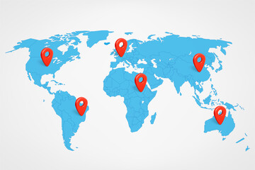 World map with red 3d pins. 3d vector illustration