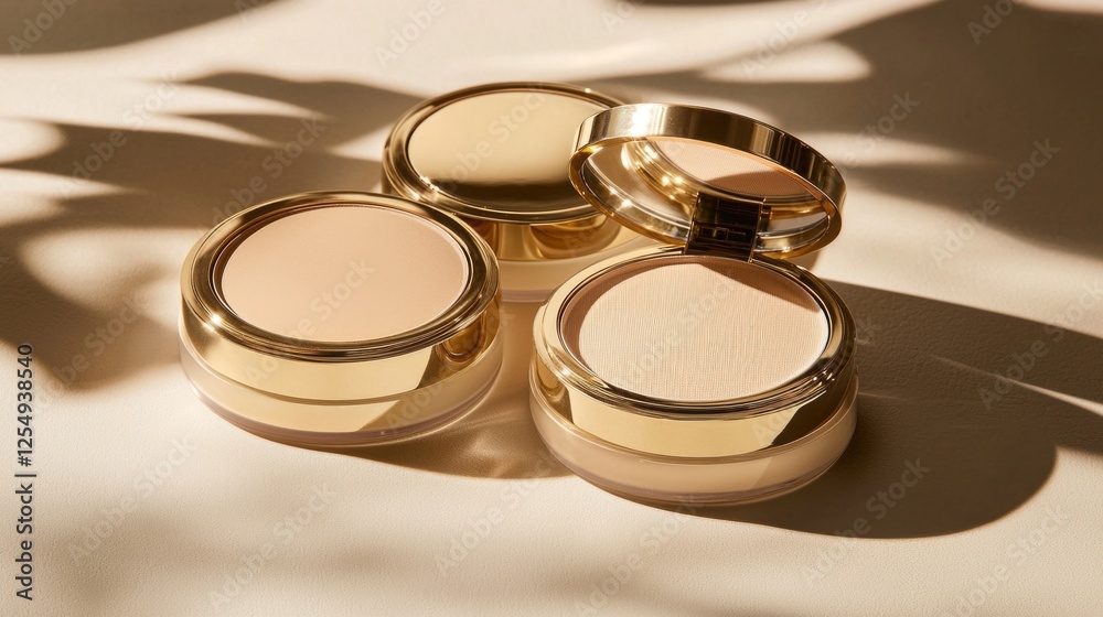 Poster three exquisite compact powders sit gracefully on a soft cream background, showcasing their smooth t