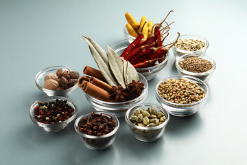 indian spices Various spices in a bowls on white background.   selective focus