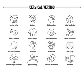 Cervical Vertigo symptoms, diagnostic and treatment vector icon set. Line editable medical icons.