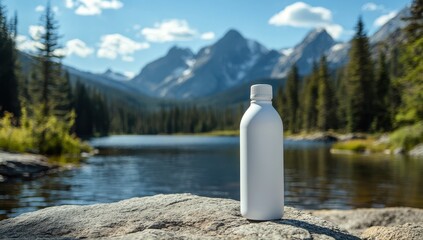 Mountain Spring Water Bottle Mockup: A sleek, white water bottle sits on a rock by a pristine mountain lake, with majestic peaks and lush forests in the background.