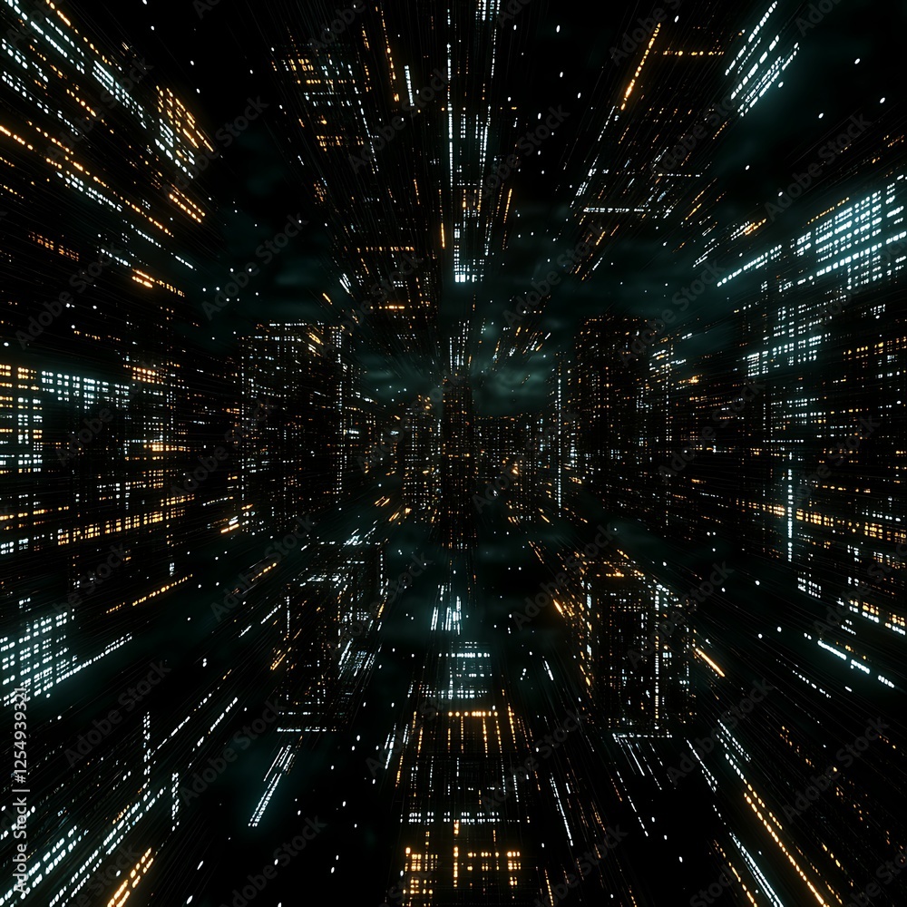 Poster digital grid perspective of a cybernetic cityscape with complex data flow and architectural elements