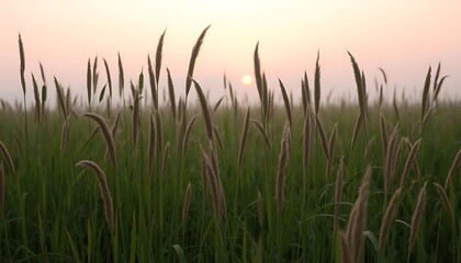 Obraz premium Serene Sunset Landscape with Tall Grasses, Soft Light, Peaceful Nature Scene, Golden Hour Photography