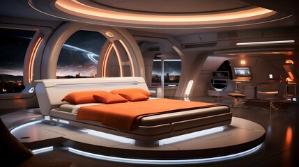 Futuristic bedroom interior featuring smart home technology with advanced ambient lighting and climate control systems for a comfortable and tranquil living space