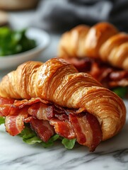 Fototapeta premium Delicious Croissant Sandwich with Crispy Bacon and Fresh Greens on a Marble Surface