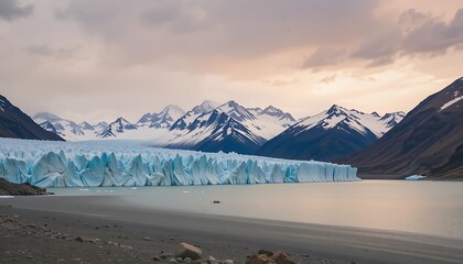 Stunning panoramic view of a glacier in Patagonia, Argentina, with dramatic mountains under a dramatic sky at sunset.