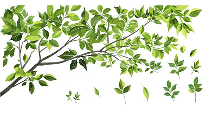 Green forest tree branches vector illustration on transparent backgrounds, nature elements, foliage png, isolated leaves, eco design, jungle silhouette, woodland clipart, plant graphics