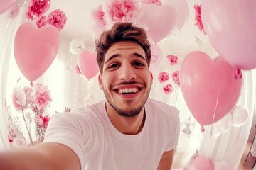 Commercial ad campaign concept graphic concept art. Valentine's day greeting from man or for man: dazzling noticeable image of loving latin young guy. Love confession. Manâ€™s desire.