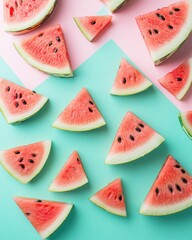 Fresh Watermelon Slices Arranged on a Pastel Pink and Mint Green Geometric Background Pattern