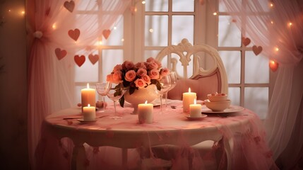 Romantic and intimate candlelit table setting with heart shaped candles soft lighting and a cozy elegant atmosphere perfect for a special dinner date night or intimate