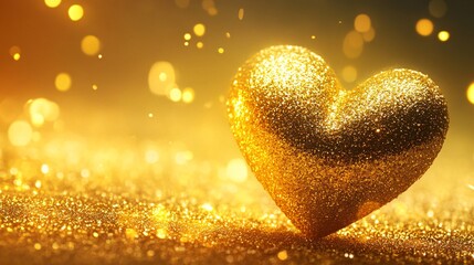 Fototapeta premium A shimmering gold glitter heart on a sparkling golden background, symbolizing love and joy.
