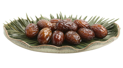 Dried dates on a date palm leaf on a plate, close up, created with Generative AI technology, PNG