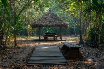 Wooden gazebo on the lake in the park.